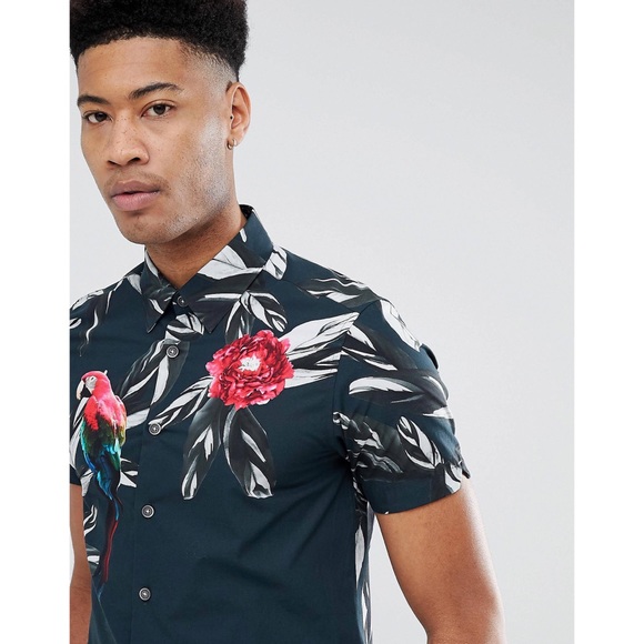 Ted Baker Men’s T For Tall Slim Short Sleeved Dress Shirt Tropical Floral Print - Picture 3 of 13